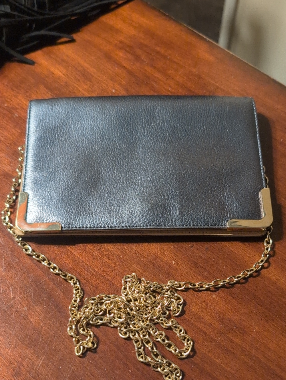 Halogen Metallic Pewter Leather Crossbody Clutch with Gold Accents & Chain 5.5x8